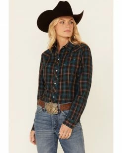 Roper Women's Brown & Teal Plaid Piped Long Sleeve Snap Western Core Shirt