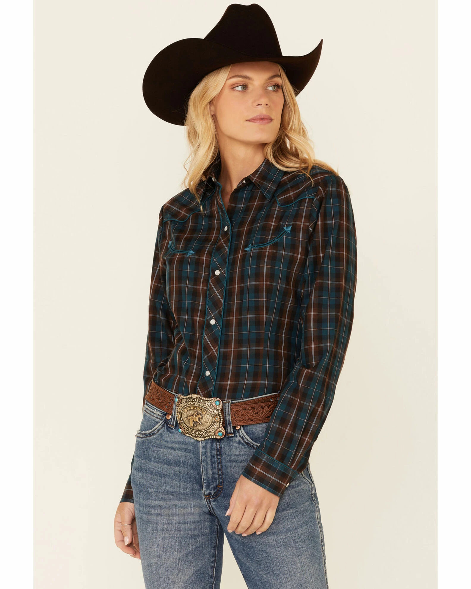Roper Women's Brown & Teal Plaid Piped Long Sleeve Snap Western Core Shirt 3 Roper Women's Brown & Teal Plaid Piped Long Sleeve Snap Western Core Shirt