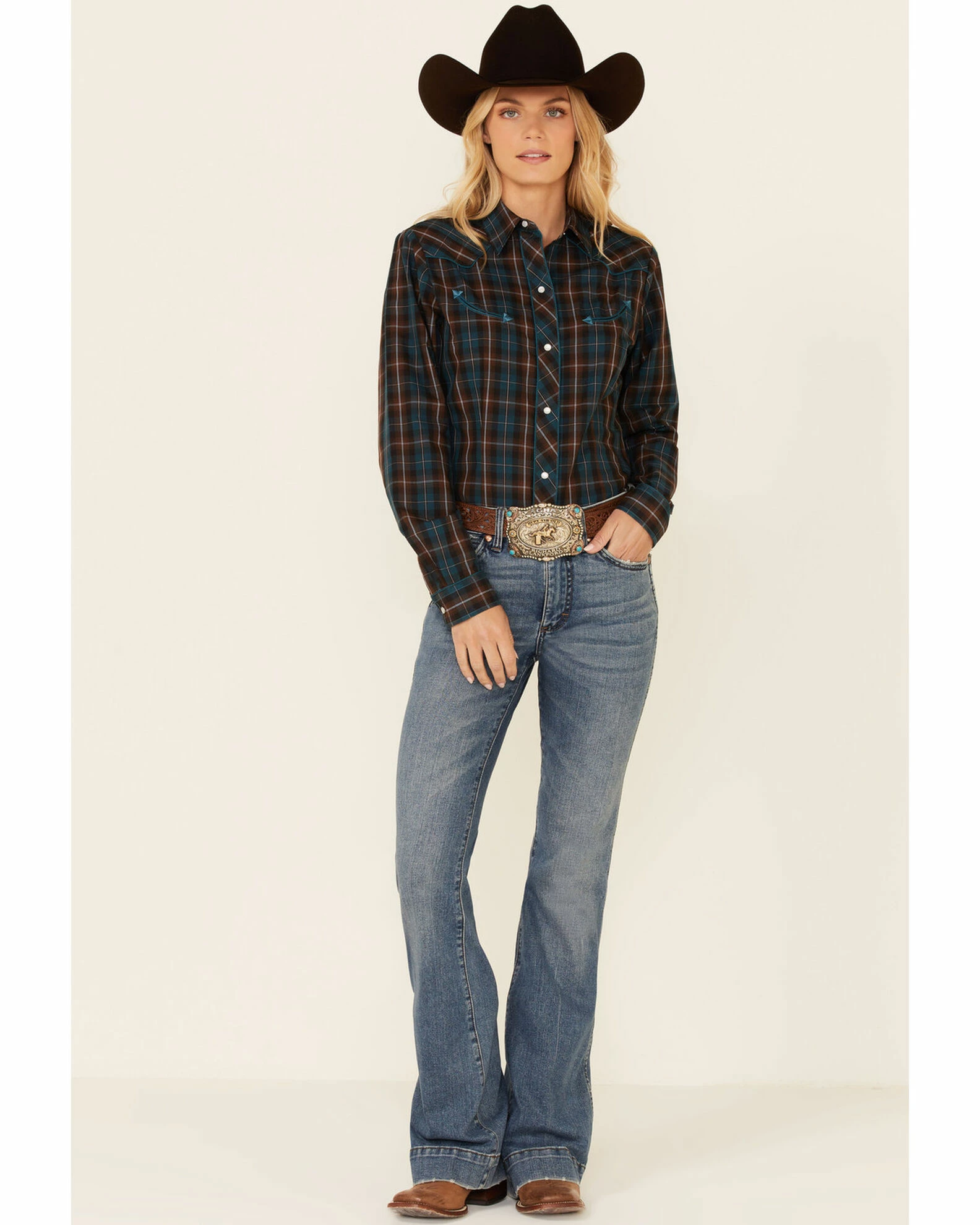 Roper Women's Brown & Teal Plaid Piped Long Sleeve Snap Western Core Shirt 4 Roper Women's Brown & Teal Plaid Piped Long Sleeve Snap Western Core Shirt - Image 2