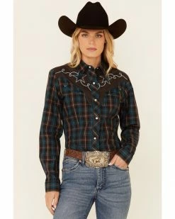 Roper Women's Brown & Teal Plaid Star Embroidered Long Sleeve Snap Western Core Shirt  -Roper Shop 2000346289 200 P1 1
