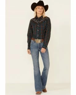 Roper Women's Brown & Teal Plaid Star Embroidered Long Sleeve Snap Western Core Shirt  -Roper Shop 2000346289 200 P2