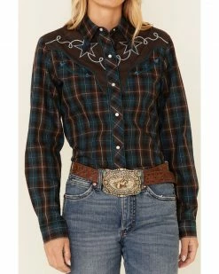 Roper Women's Brown & Teal Plaid Star Embroidered Long Sleeve Snap Western Core Shirt  -Roper Shop 2000346289 200 P3