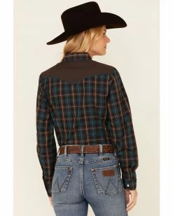 Roper Women's Brown & Teal Plaid Star Embroidered Long Sleeve Snap Western Core Shirt  -Roper Shop 2000346289 200 P4