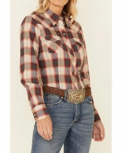 Roper Women's Red & Charcoal Dobby Plaid Long Sleeve Snap Western Core Shirt  -Roper Shop 2000346296 600 P3