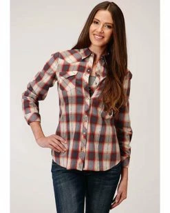 Roper Women's Red & Charcoal Dobby Plaid Long Sleeve Snap Western Core Shirt -Â Plus