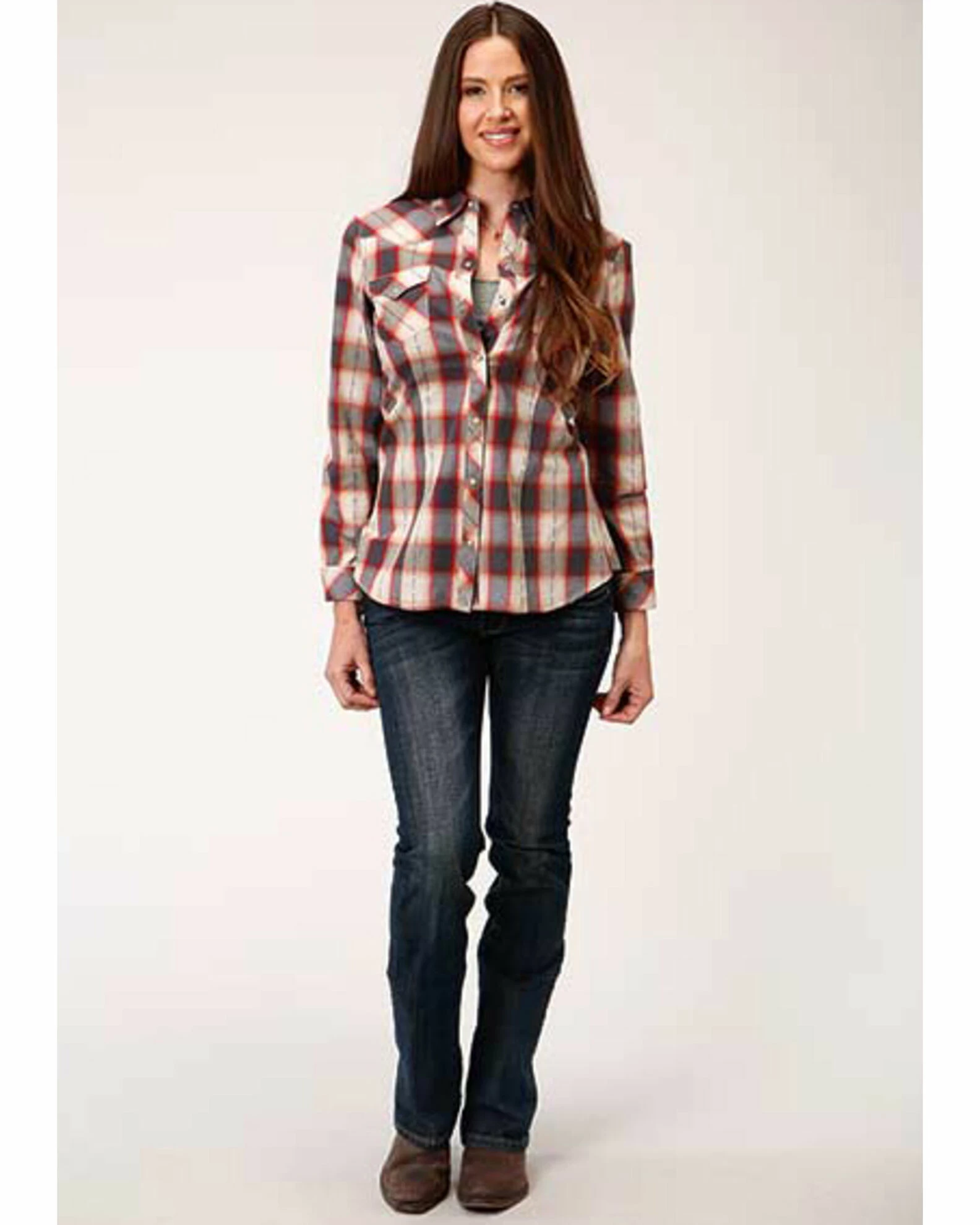 Roper Women's Red & Charcoal Dobby Plaid Long Sleeve Snap Western Core Shirt - Plus 5 Roper Women's Red & Charcoal Dobby Plaid Long Sleeve Snap Western Core Shirt - Plus - Image 3
