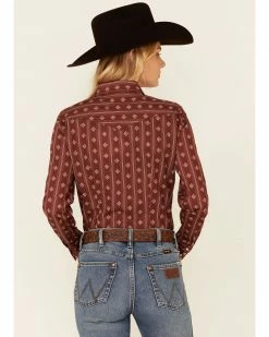 Roper Women's Constellation Wallpaper Stripe Long Sleeve Snap Western Core Shirt  Burgundy -Roper Shop 2000346299 640 P4