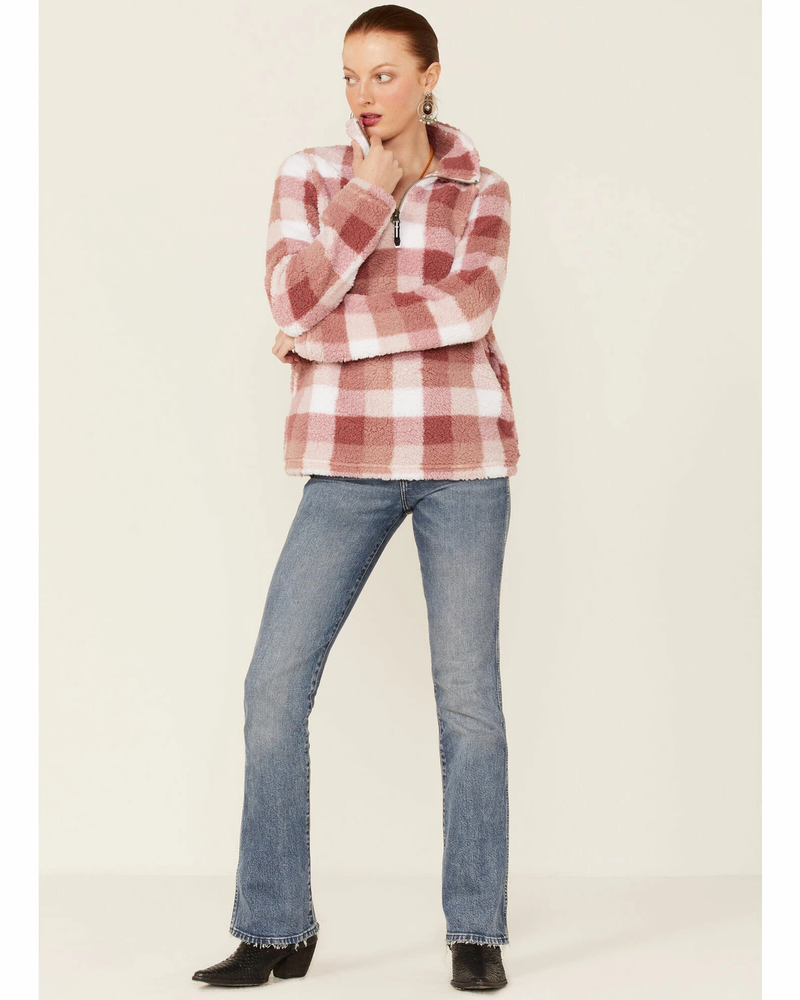 Roper Women's Pink Buffalo Plaid Polar Fleece Pullover 5 Roper Women's Pink Buffalo Plaid Polar Fleece Pullover - Image 4