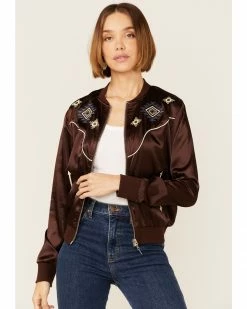 Roper Women's Wild West Embroidered Bronc Riding Brown Satin Bomber Jacket -Roper Shop 2000346321 200 P1 1