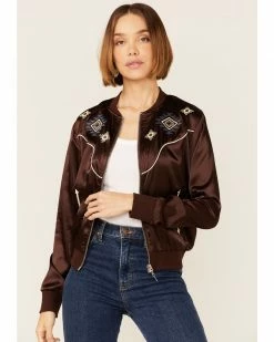 Roper Women's Wild West Embroidered Bronc Riding Brown Satin Bomber Jacket