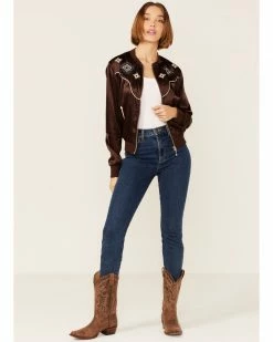 Roper Women's Wild West Embroidered Bronc Riding Brown Satin Bomber Jacket -Roper Shop 2000346321 200 P4