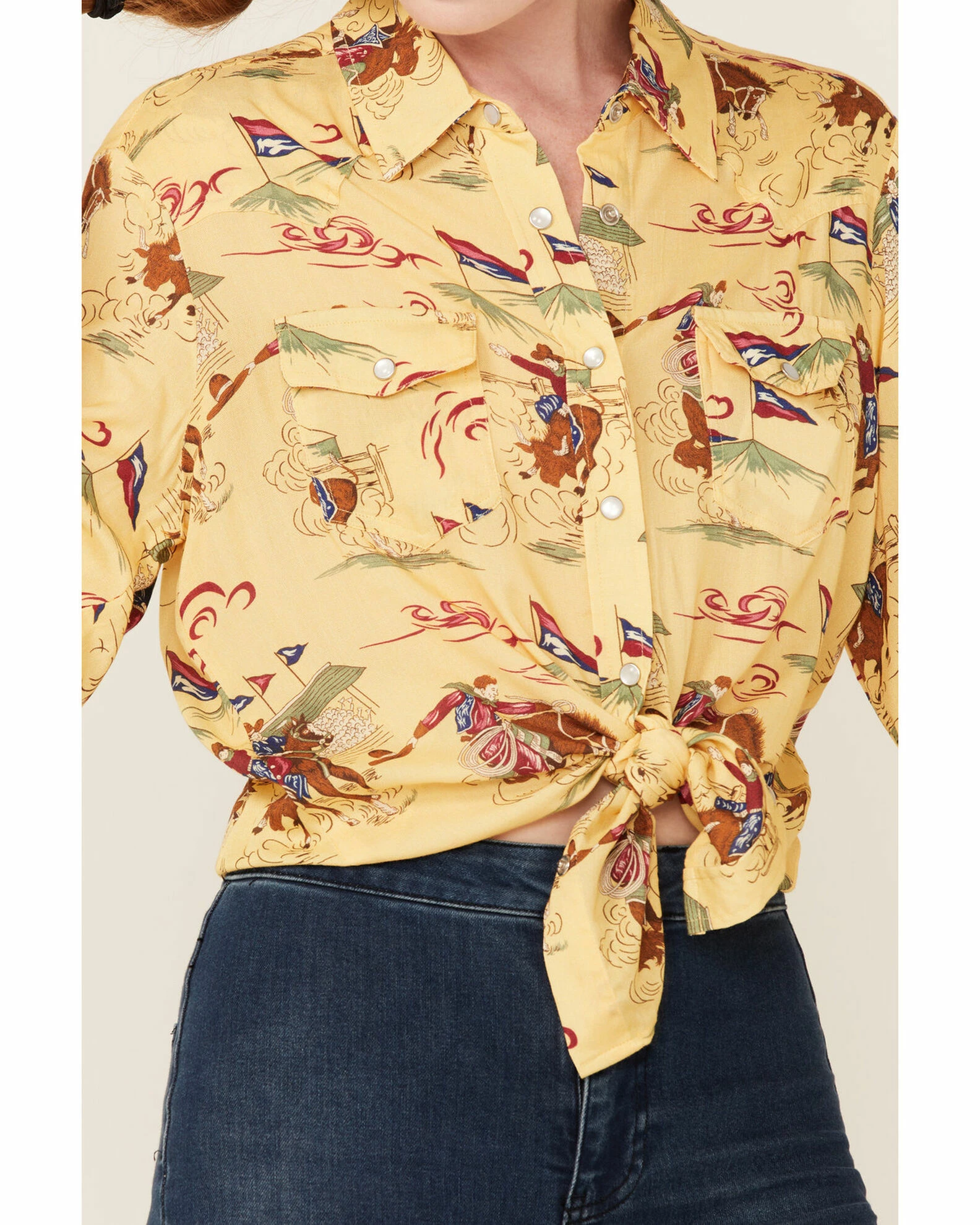 Roper Women's Retro Rodeo Print Yellow Western Snap Shirt 5 Roper Women's Retro Rodeo Print Yellow Western Snap Shirt - Image 3