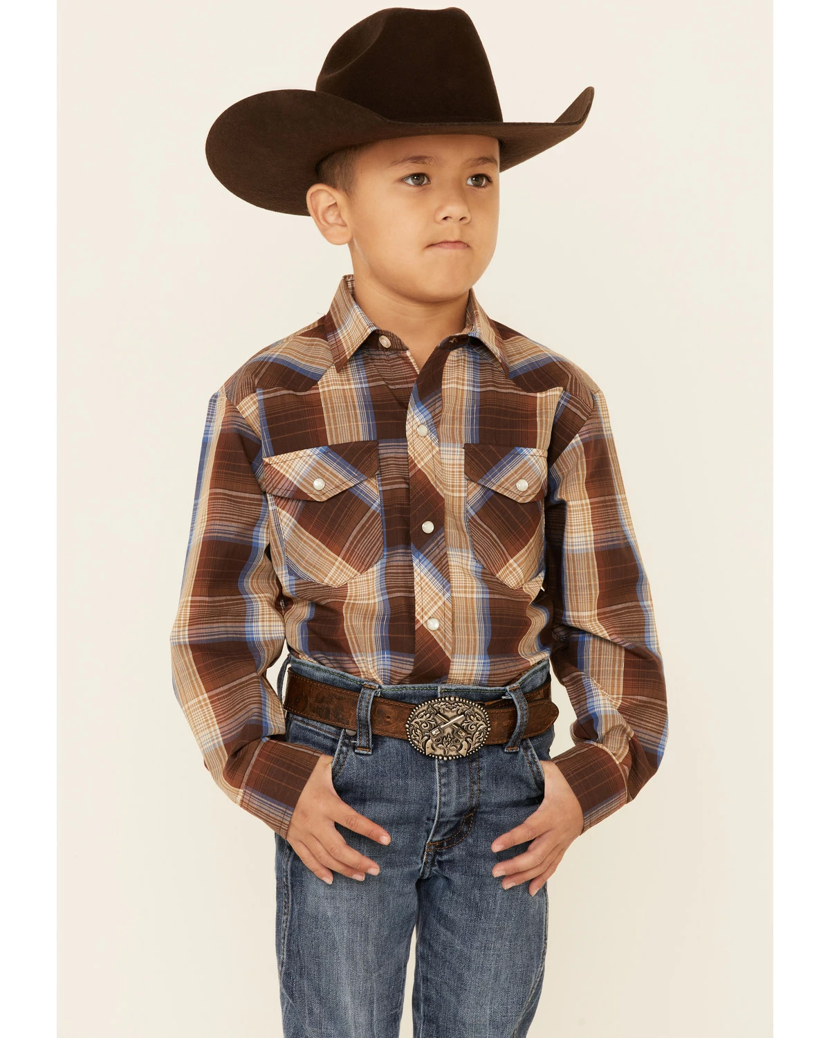 Roper Boys' Brown Plaid Lurex Long Sleeve Snap Western Shirt 7 Roper Boys' Brown Plaid Lurex Long Sleeve Snap Western Shirt - Image 5