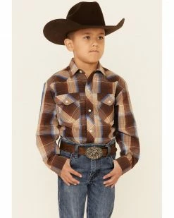 Roper Boys' Brown Plaid Lurex Long Sleeve Snap Western Shirt