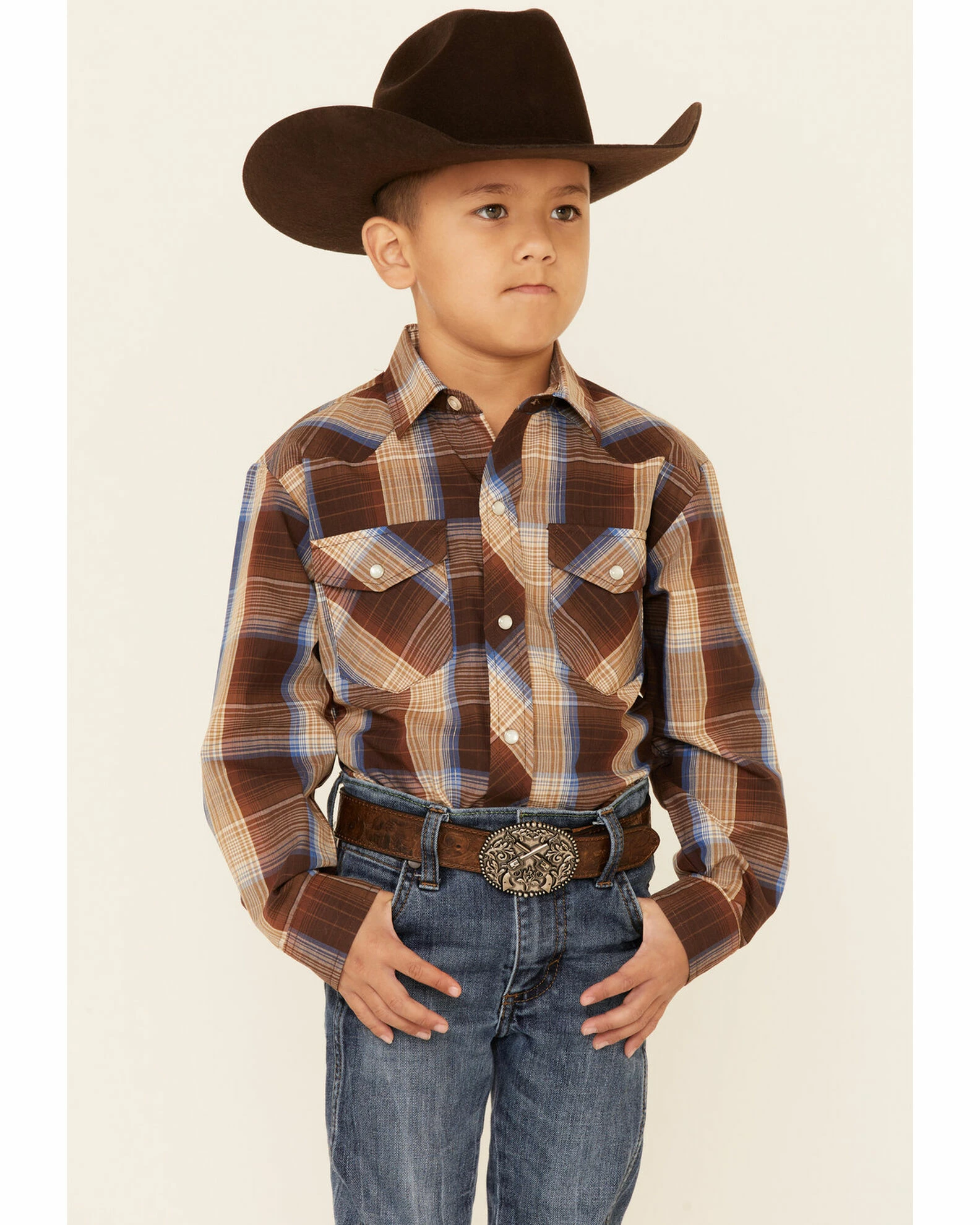 Roper Boys' Brown Plaid Lurex Long Sleeve Snap Western Shirt 3 Roper Boys' Brown Plaid Lurex Long Sleeve Snap Western Shirt