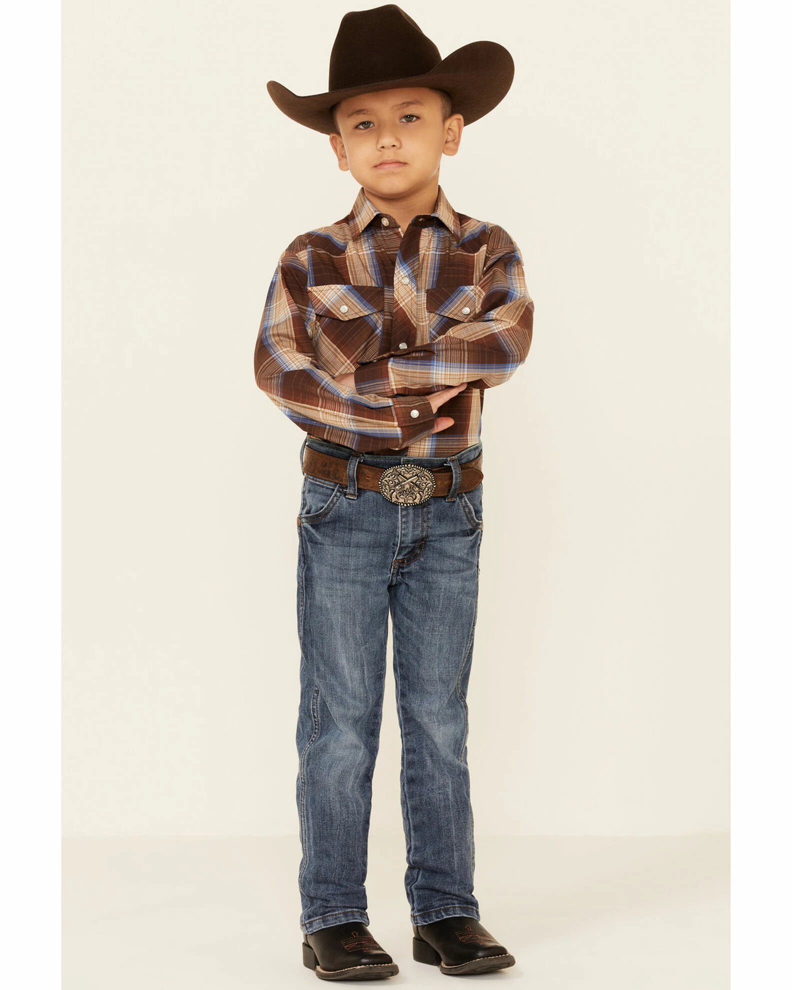 Roper Boys' Brown Plaid Lurex Long Sleeve Snap Western Shirt 4 Roper Boys' Brown Plaid Lurex Long Sleeve Snap Western Shirt - Image 2