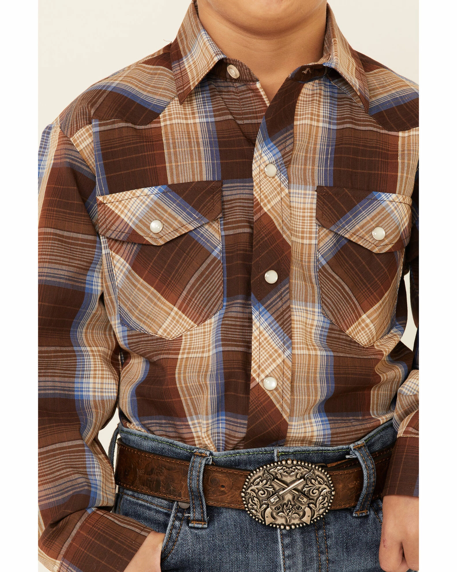 Roper Boys' Brown Plaid Lurex Long Sleeve Snap Western Shirt 5 Roper Boys' Brown Plaid Lurex Long Sleeve Snap Western Shirt - Image 3
