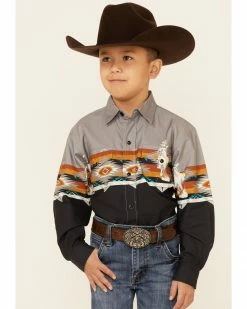 Roper Boys' Southwestern Trail Border Print Long Sleeve Snap Western Shirt  Black -Roper Shop 2000346401 001 P1 1