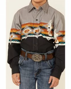 Roper Boys' Southwestern Trail Border Print Long Sleeve Snap Western Shirt  Black -Roper Shop 2000346401 001 P3