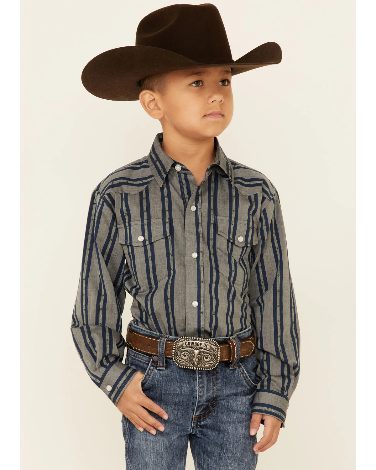 Roper Boys' Wide Dobby Stripe Long Sleeve Snap Western Shirt Grey 7 Roper Boys' Wide Dobby Stripe Long Sleeve Snap Western Shirt Grey - Image 5