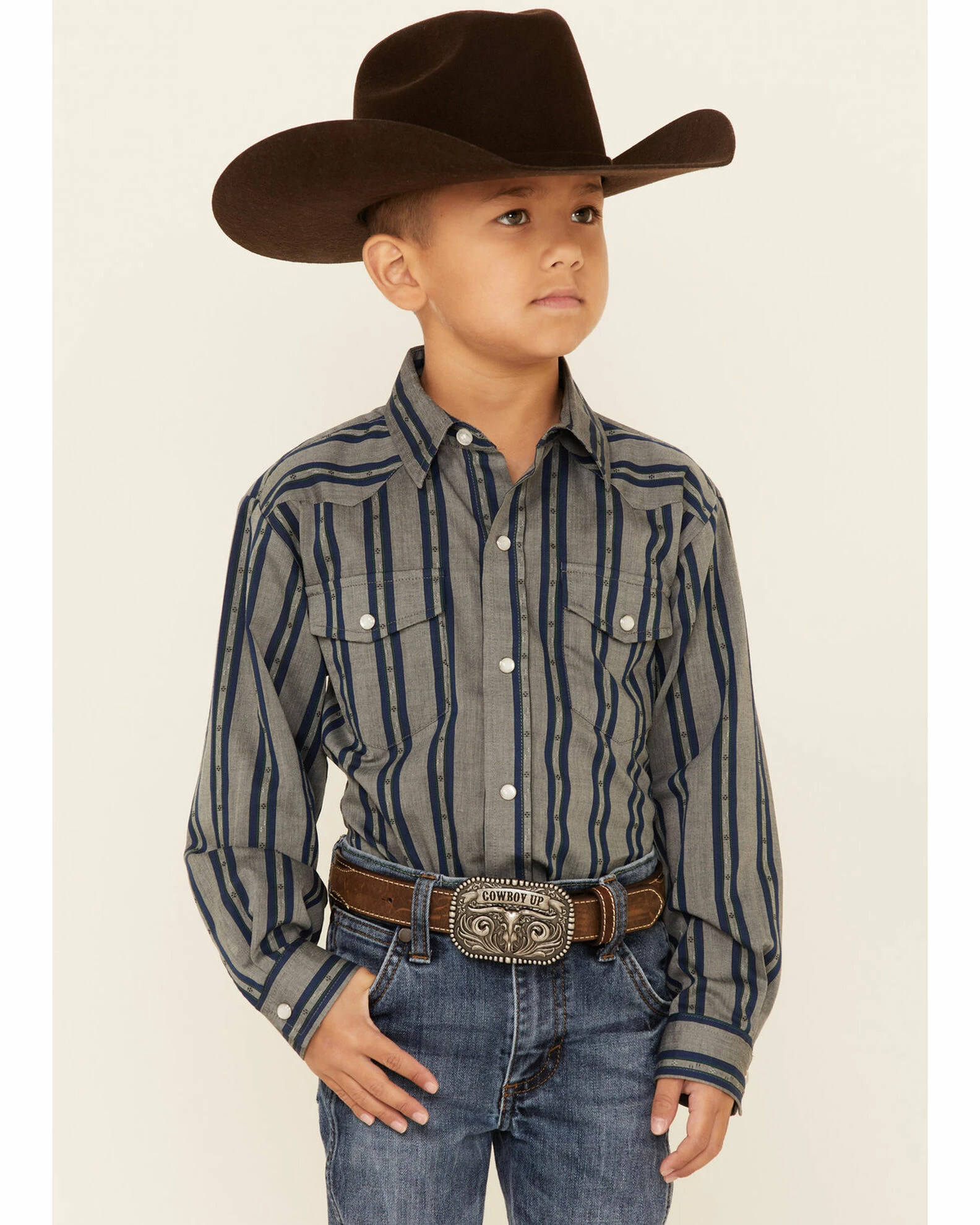 Roper Boys' Wide Dobby Stripe Long Sleeve Snap Western Shirt Grey 3 Roper Boys' Wide Dobby Stripe Long Sleeve Snap Western Shirt Grey