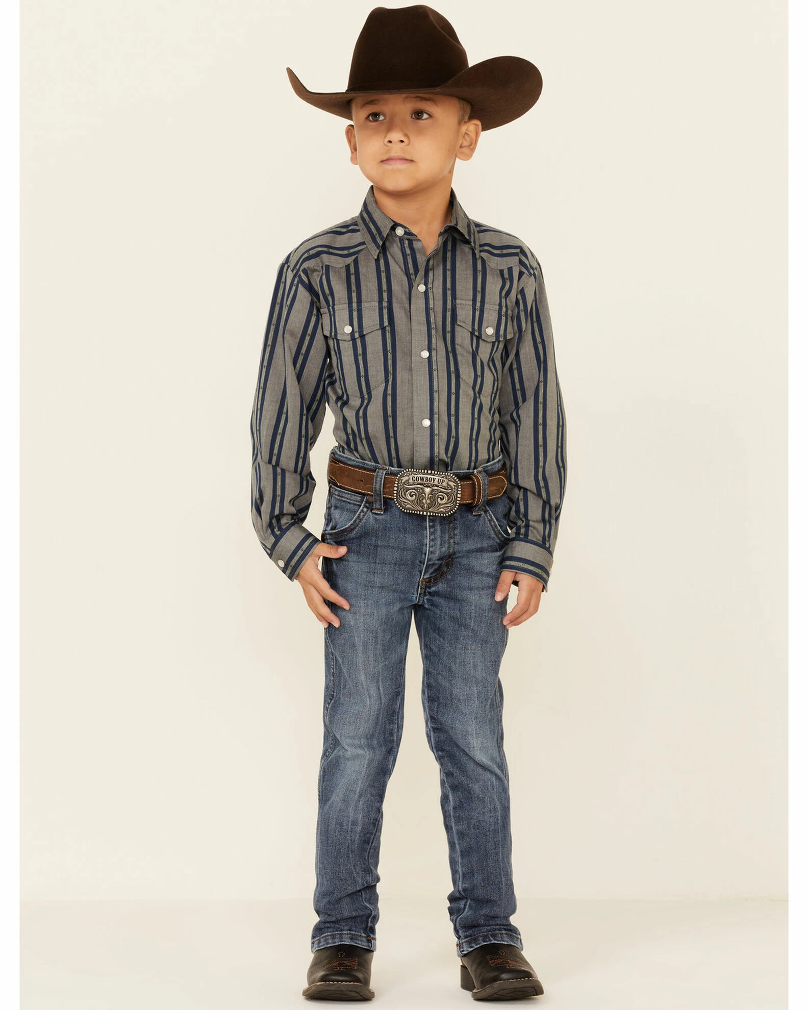 Roper Boys' Wide Dobby Stripe Long Sleeve Snap Western Shirt Grey 4 Roper Boys' Wide Dobby Stripe Long Sleeve Snap Western Shirt Grey - Image 2