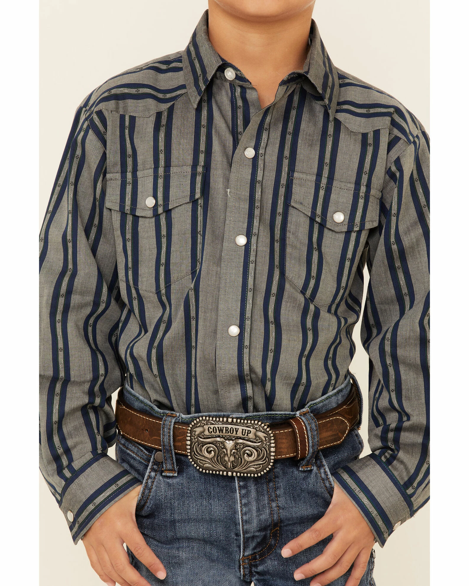 Roper Boys' Wide Dobby Stripe Long Sleeve Snap Western Shirt Grey 5 Roper Boys' Wide Dobby Stripe Long Sleeve Snap Western Shirt Grey - Image 3