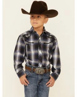 Roper Boys' Plaid Embroidered Long Sleeve Snap Western Shirt  Blue -Roper Shop 2000346406 400 P1 1