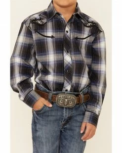 Roper Boys' Plaid Embroidered Long Sleeve Snap Western Shirt  Blue -Roper Shop 2000346406 400 P3