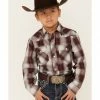 Roper Boys' Wine Plaid Long Sleeve Snap Western Shirt  Burgundy