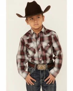 Roper Boys' Wine Plaid Long Sleeve Snap Western Shirt Burgundy