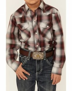 Roper Boys' Wine Plaid Long Sleeve Snap Western Shirt  Burgundy -Roper Shop 2000346420 640 P3
