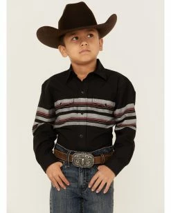 Roper Boys' Black & Wine Border Stripe Long Sleeve Snap Western Shirt