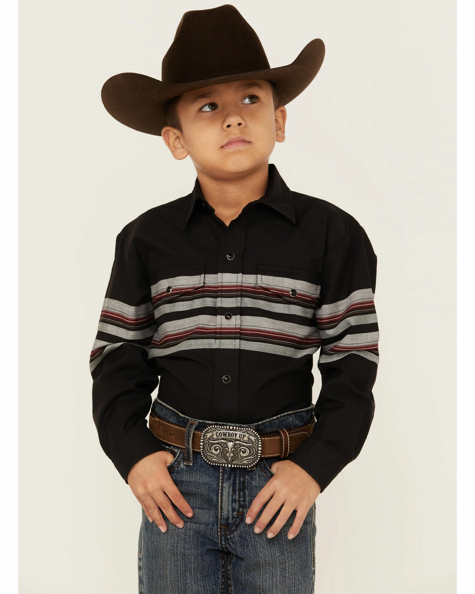 Roper Boys' Black & Wine Border Stripe Long Sleeve Snap Western Shirt 3 Roper Boys' Black & Wine Border Stripe Long Sleeve Snap Western Shirt