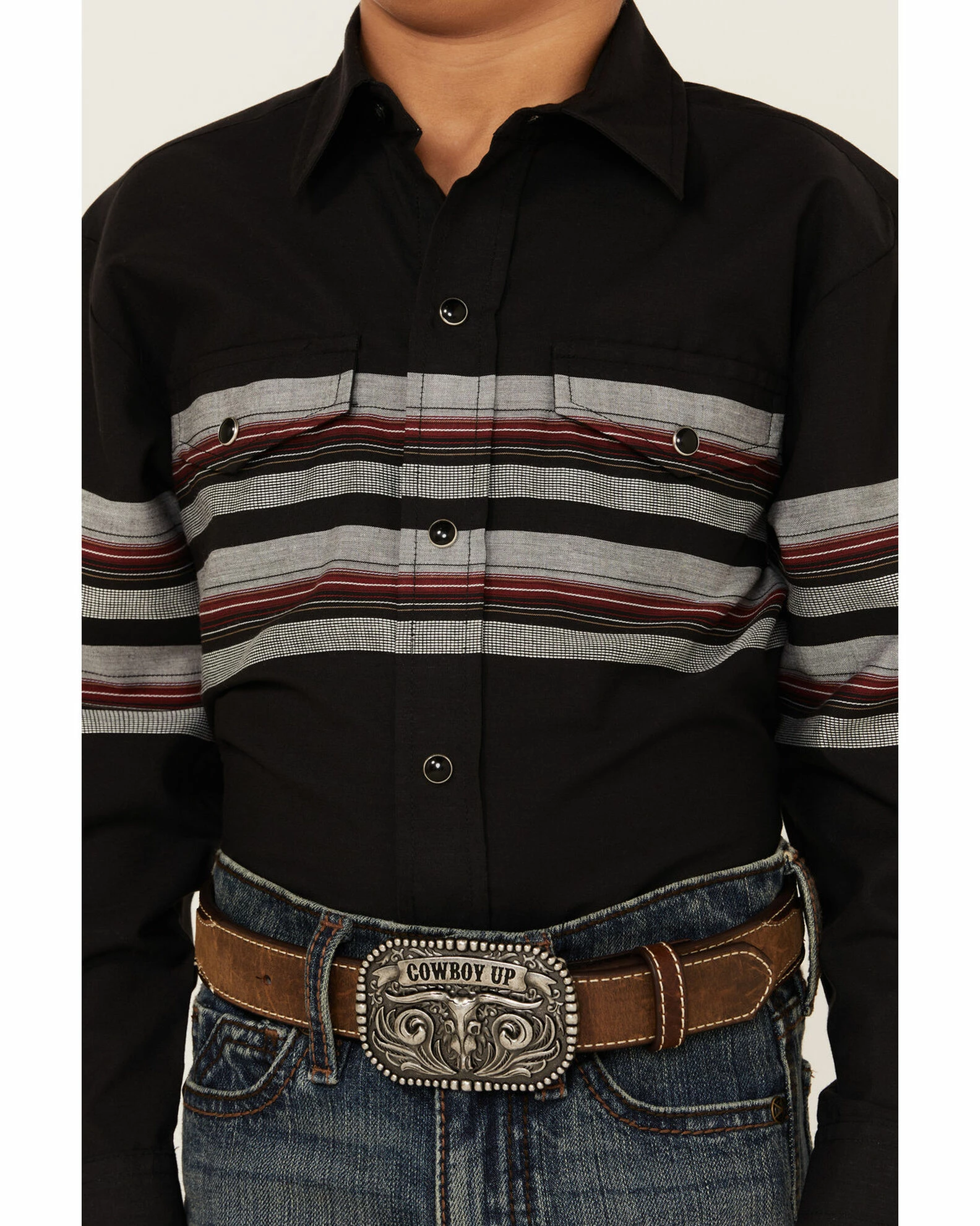 Roper Boys' Black & Wine Border Stripe Long Sleeve Snap Western Shirt 4 Roper Boys' Black & Wine Border Stripe Long Sleeve Snap Western Shirt - Image 2