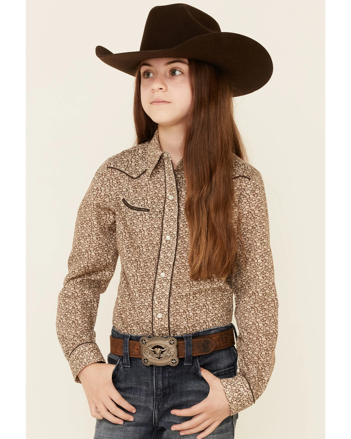 Roper Girls' Cream & Brown Floral Print Long Sleeve Snap Western Shirt 7 Roper Girls' Cream & Brown Floral Print Long Sleeve Snap Western Shirt - Image 5
