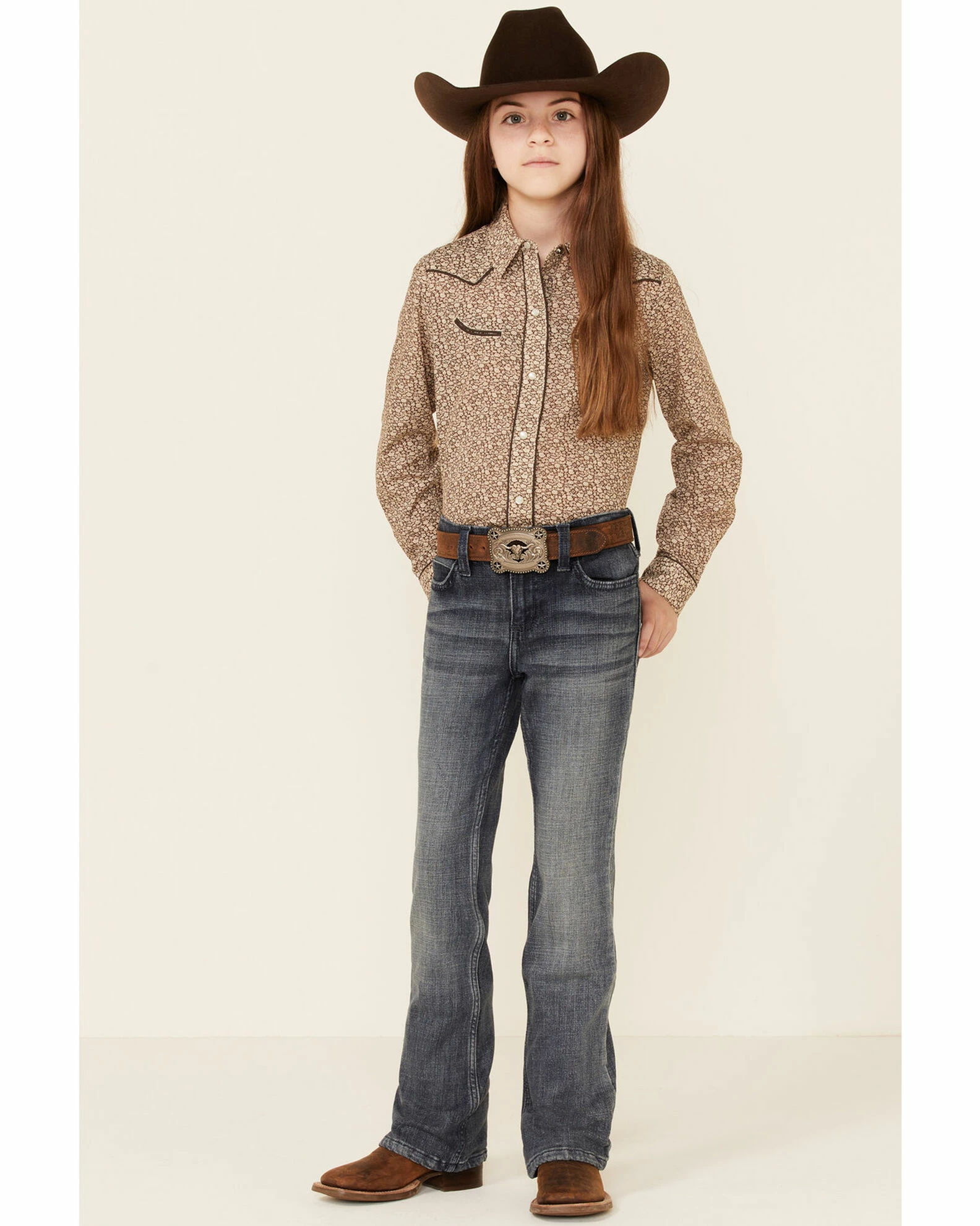 Roper Girls' Cream & Brown Floral Print Long Sleeve Snap Western Shirt 4 Roper Girls' Cream & Brown Floral Print Long Sleeve Snap Western Shirt - Image 2