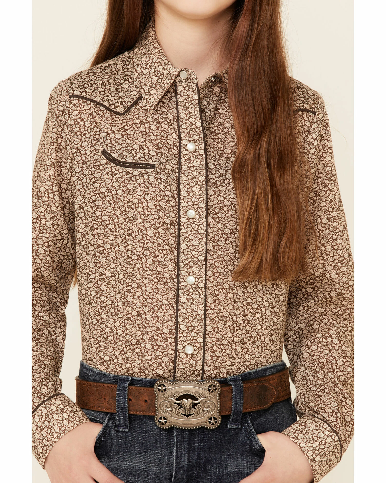 Roper Girls' Cream & Brown Floral Print Long Sleeve Snap Western Shirt 5 Roper Girls' Cream & Brown Floral Print Long Sleeve Snap Western Shirt - Image 3