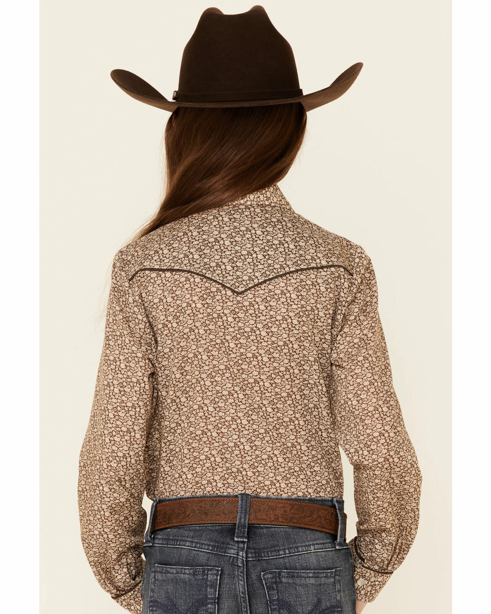 Roper Girls' Cream & Brown Floral Print Long Sleeve Snap Western Shirt 6 Roper Girls' Cream & Brown Floral Print Long Sleeve Snap Western Shirt - Image 4