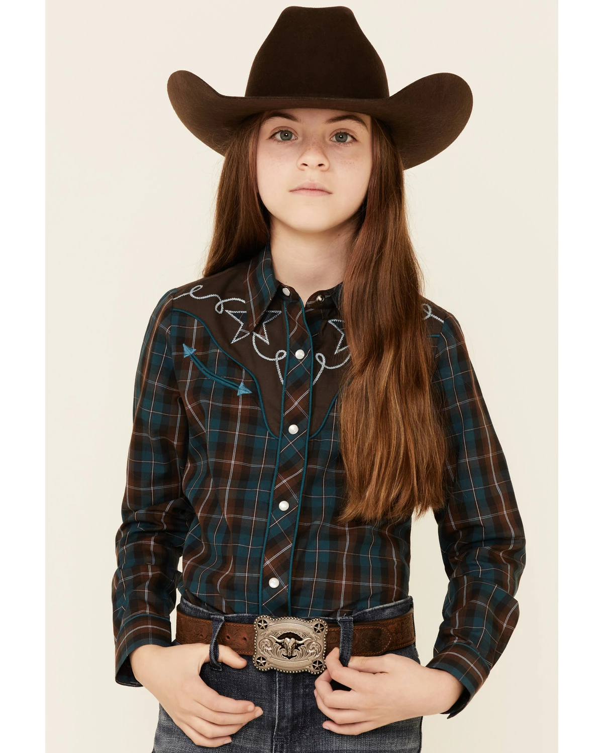 Roper Girls' Brown & Teal Windowpane Plaid Fancy Yoke Long Sleeve Snap Western Shirt 7 Roper Girls' Brown & Teal Windowpane Plaid Fancy Yoke Long Sleeve Snap Western Shirt - Image 5
