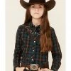 Roper Girls' Brown & Teal Windowpane Plaid Fancy Yoke Long Sleeve Snap Western Shirt   -Roper Shop 2000346463 200 P1