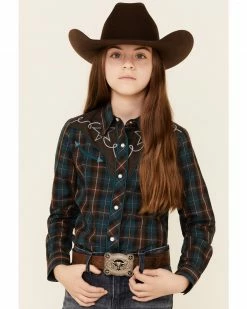 Roper Girls' Brown & Teal Windowpane Plaid Fancy Yoke Long Sleeve Snap Western Shirt