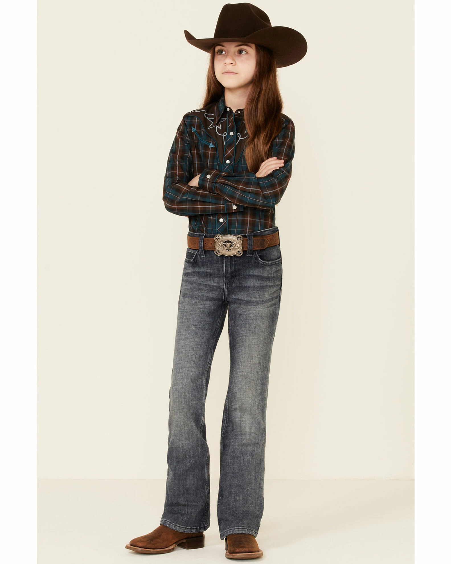 Roper Girls' Brown & Teal Windowpane Plaid Fancy Yoke Long Sleeve Snap Western Shirt 4 Roper Girls' Brown & Teal Windowpane Plaid Fancy Yoke Long Sleeve Snap Western Shirt - Image 2