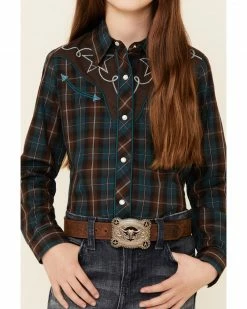 Roper Girls' Brown & Teal Windowpane Plaid Fancy Yoke Long Sleeve Snap Western Shirt 9 Roper Girls' Brown & Teal Windowpane Plaid Fancy Yoke Long Sleeve Snap Western Shirt -Roper Shop 2000346463 200 P3