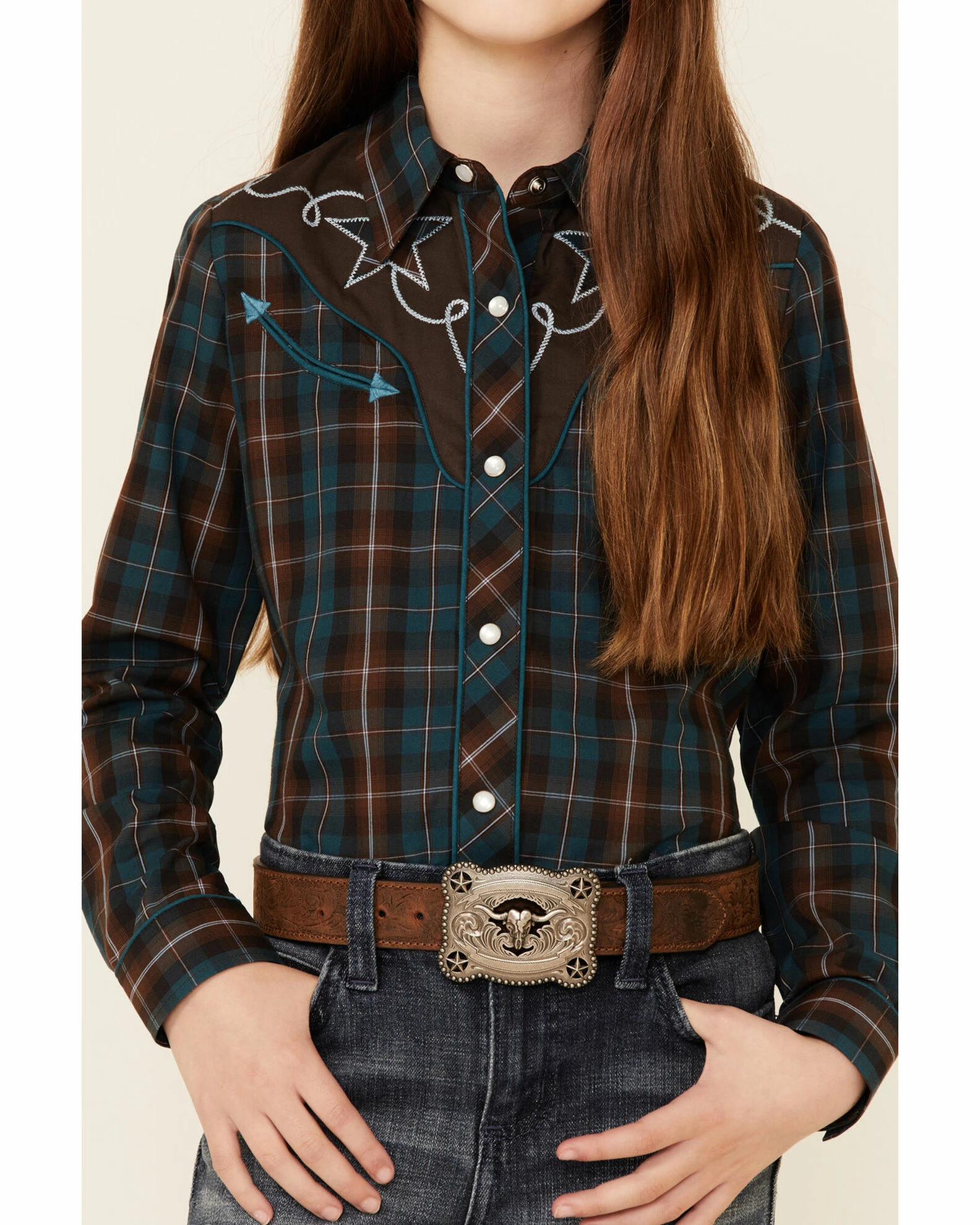 Roper Girls' Brown & Teal Windowpane Plaid Fancy Yoke Long Sleeve Snap Western Shirt 5 Roper Girls' Brown & Teal Windowpane Plaid Fancy Yoke Long Sleeve Snap Western Shirt - Image 3