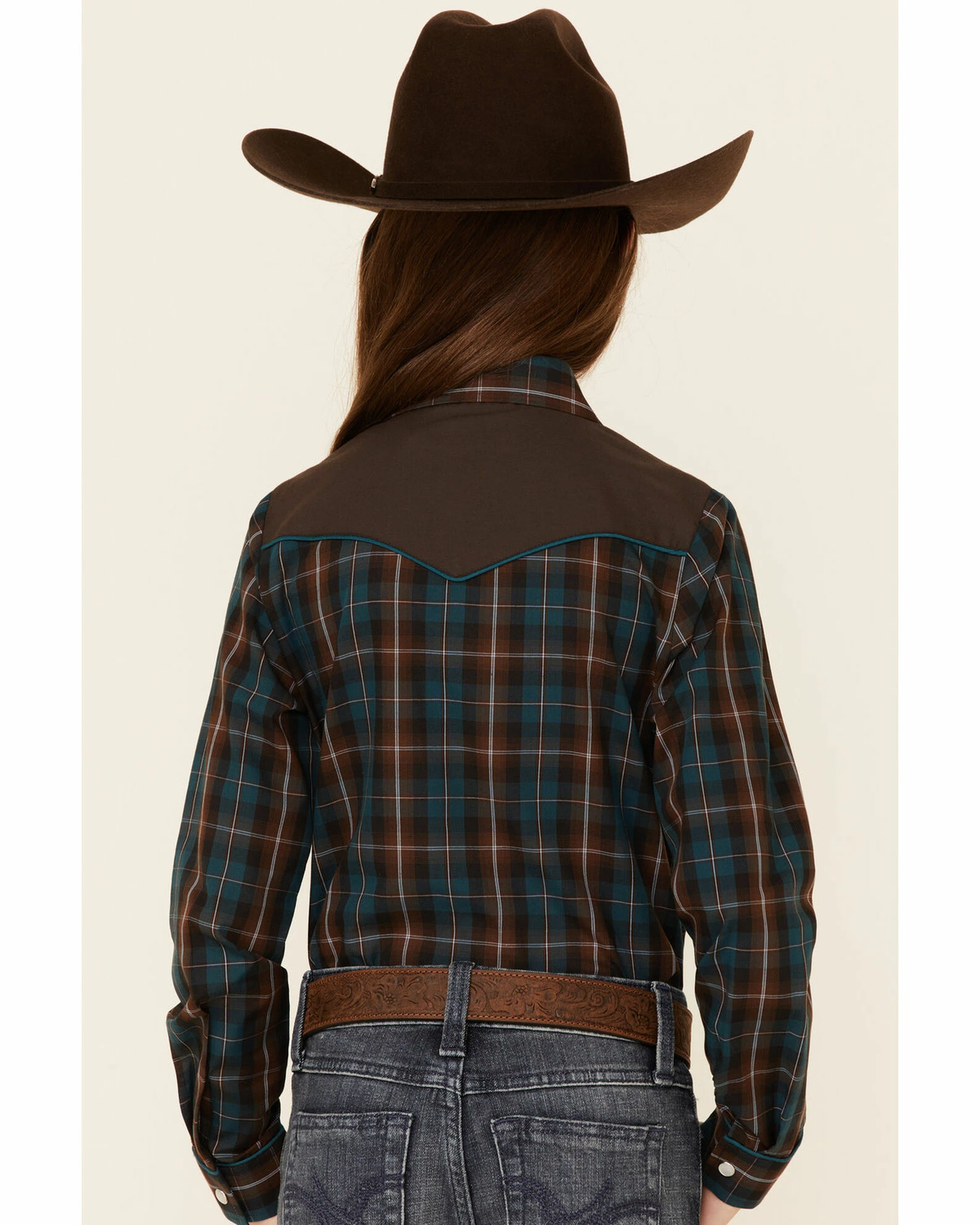 Roper Girls' Brown & Teal Windowpane Plaid Fancy Yoke Long Sleeve Snap Western Shirt 6 Roper Girls' Brown & Teal Windowpane Plaid Fancy Yoke Long Sleeve Snap Western Shirt - Image 4