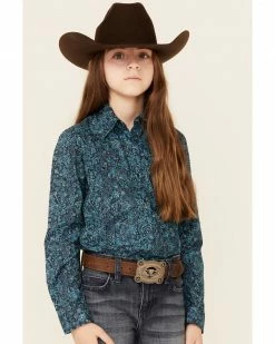 Roper Girls' Water Paisley Print Long Sleeve Snap Western Shirt  Blue