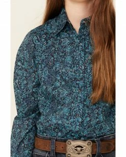 Roper Girls' Water Paisley Print Long Sleeve Snap Western Shirt  Blue -Roper Shop 2000346464 400 P3