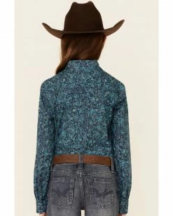 Roper Girls' Water Paisley Print Long Sleeve Snap Western Shirt  Blue -Roper Shop 2000346464 400 P4