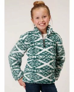 Roper Girls' Green & White Southwestern Print Polar Fleece Pullover  -Roper Shop 2000346467 300 P1 1